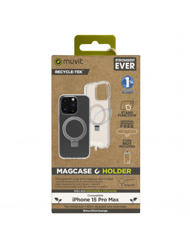 muvit for change funda recycletek Magsafe con soporte compatible con Apple iPhone 15 Pro Max transparente