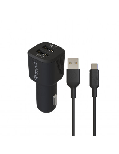 muvit for change pack cargador coche USB 2 puertos 2.4A/12W + cable 1.2m tipo C negro