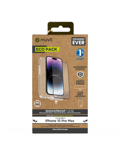 muvit for change funda shockproof 2M Apple iPhone 15 Pro Max + protector de pantalla vidrio templado plano marco negro