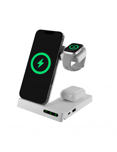 muvit for change base cargadora inalambrica 6 en 1 plegable smartwatch + iWatch + Airpods + dos puertos USB A + C blanca