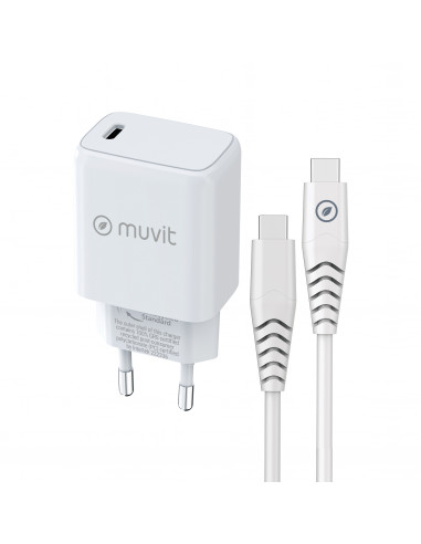 muvit for change pack cargador de pared Tipo C PD 25W + cable tipo C a tipo C 3A 1m blanco