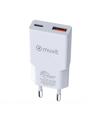 muvit for change cargador de pared Slim 1 USB QC 3.0 18W+1 Tipo C PD 30W blanco