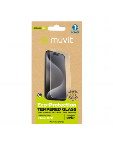 muvit for change protector pantalla recycletek compatible con Apple iPhone 16/15 vidrio templado plano