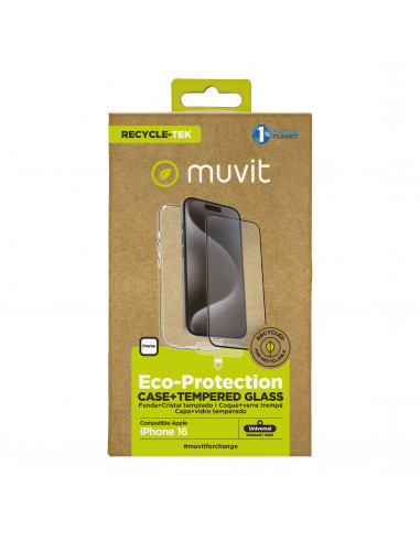 muvit for change funda compatible con Apple iPhone 16 + protector de pantalla vidrio templado plano marco negro