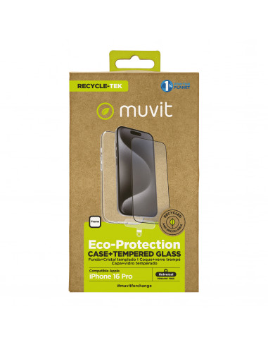 muvit for change funda compatible con Apple iPhone 16 Pro + protector de pantalla vidrio templado plano marco negro