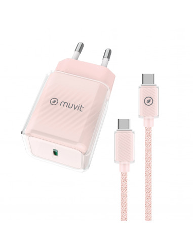 muvit for change pack cargador de pared Glass Tipo C PD 30W + cable tipo C a tipo C 3A 1m rosa